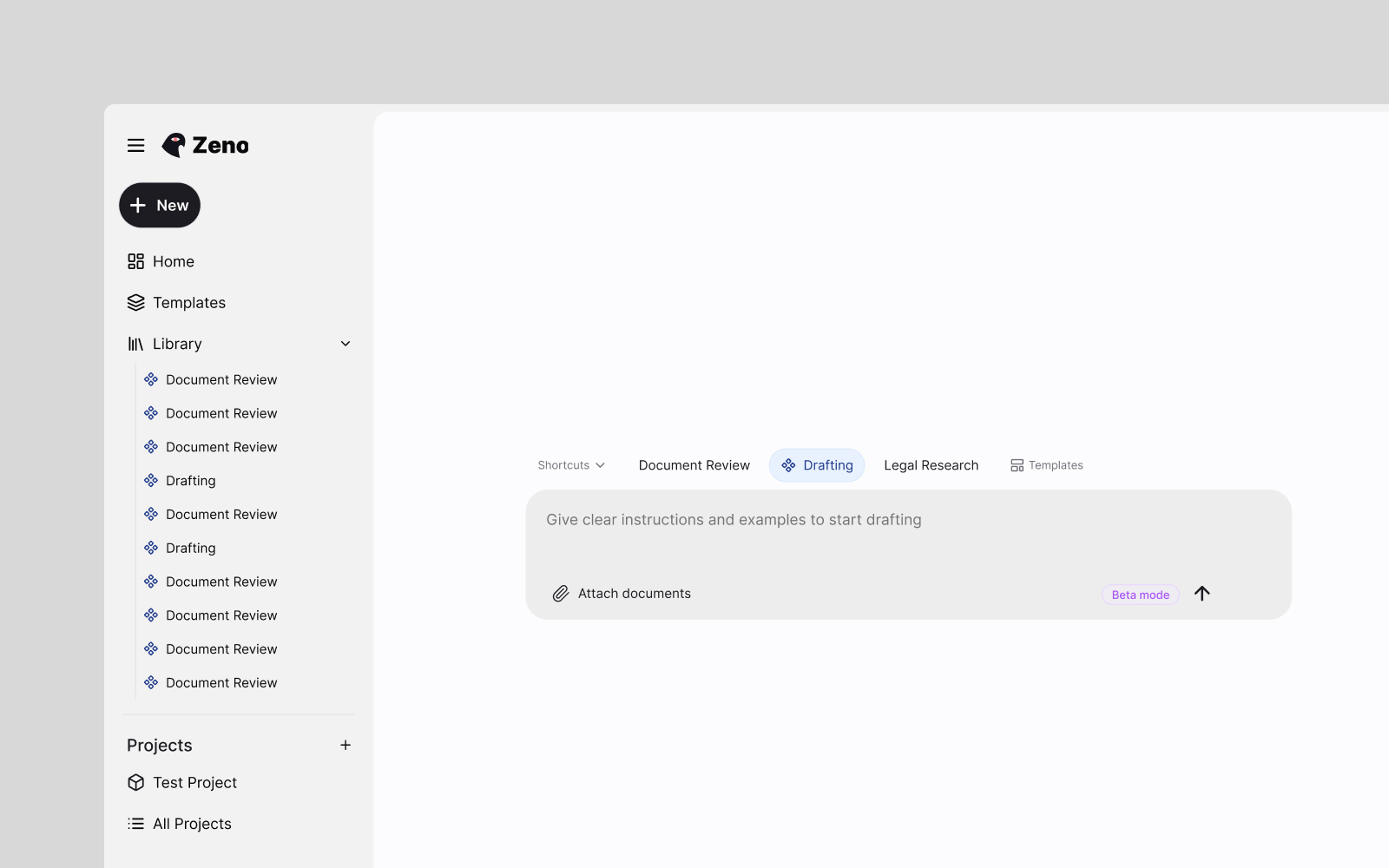 Zeno assistant home page before redesign, showing a fragmented feature-first interface.