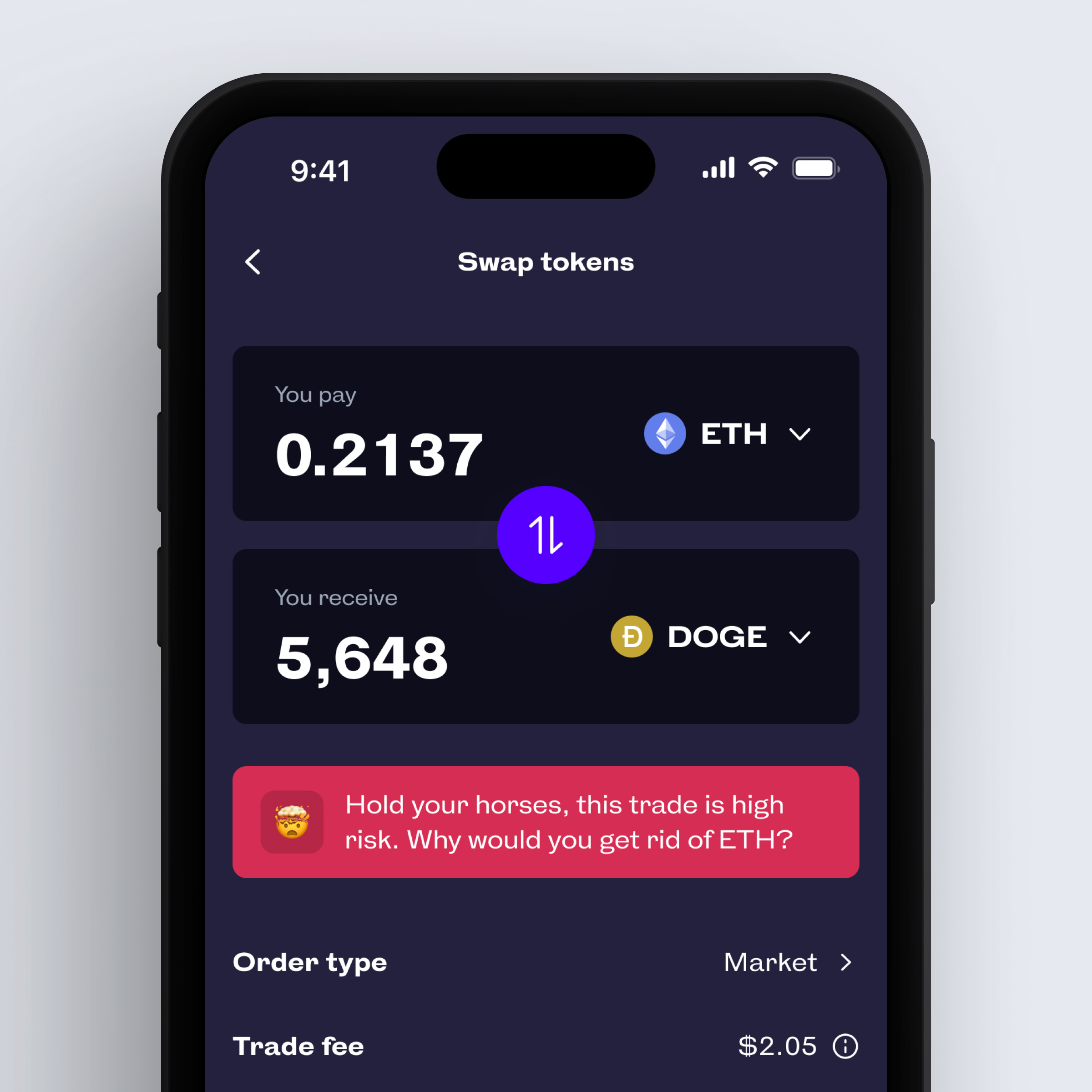 An image of cryptocurrency exchange warning user about dumb trade ideas