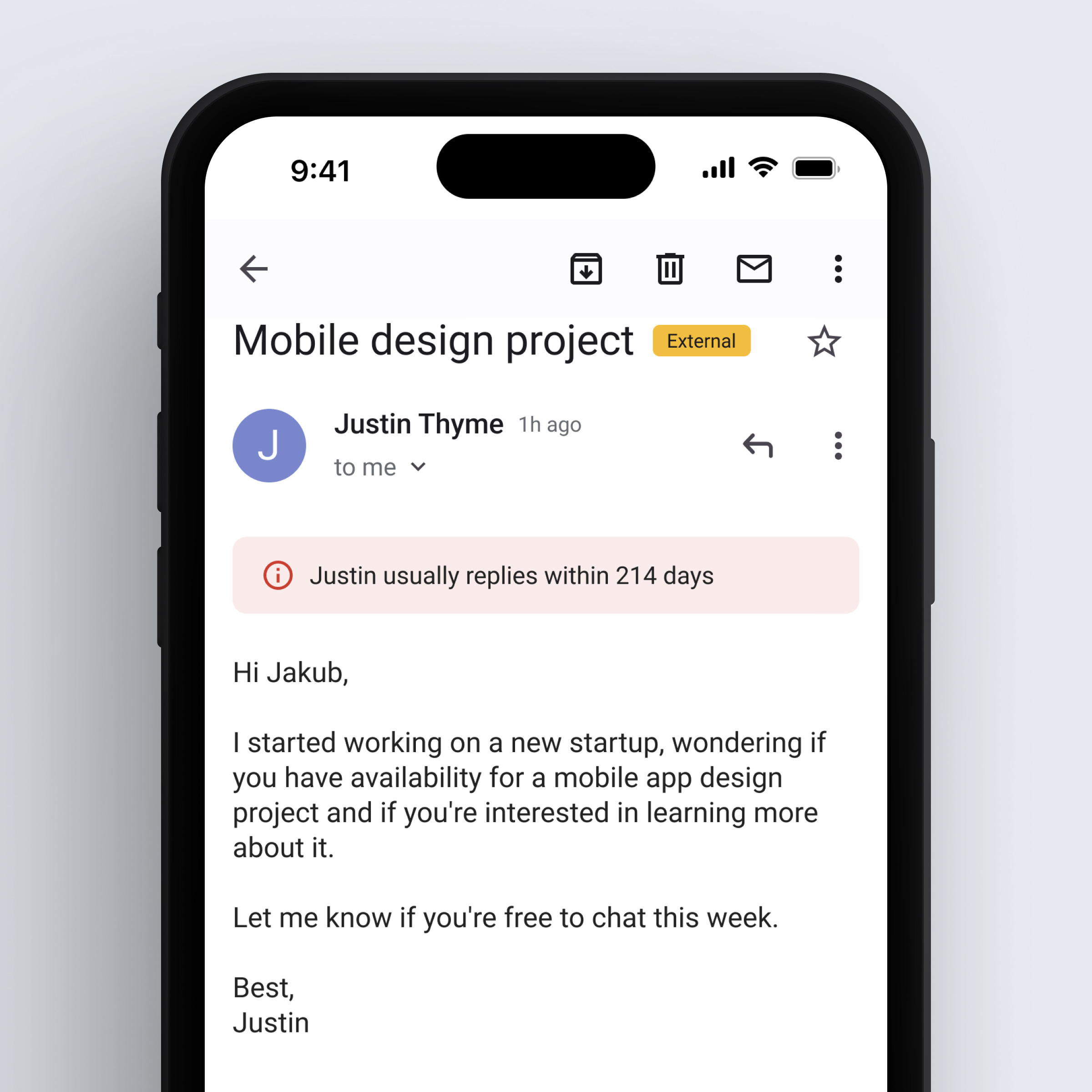 An image of Gmail message with average response time
