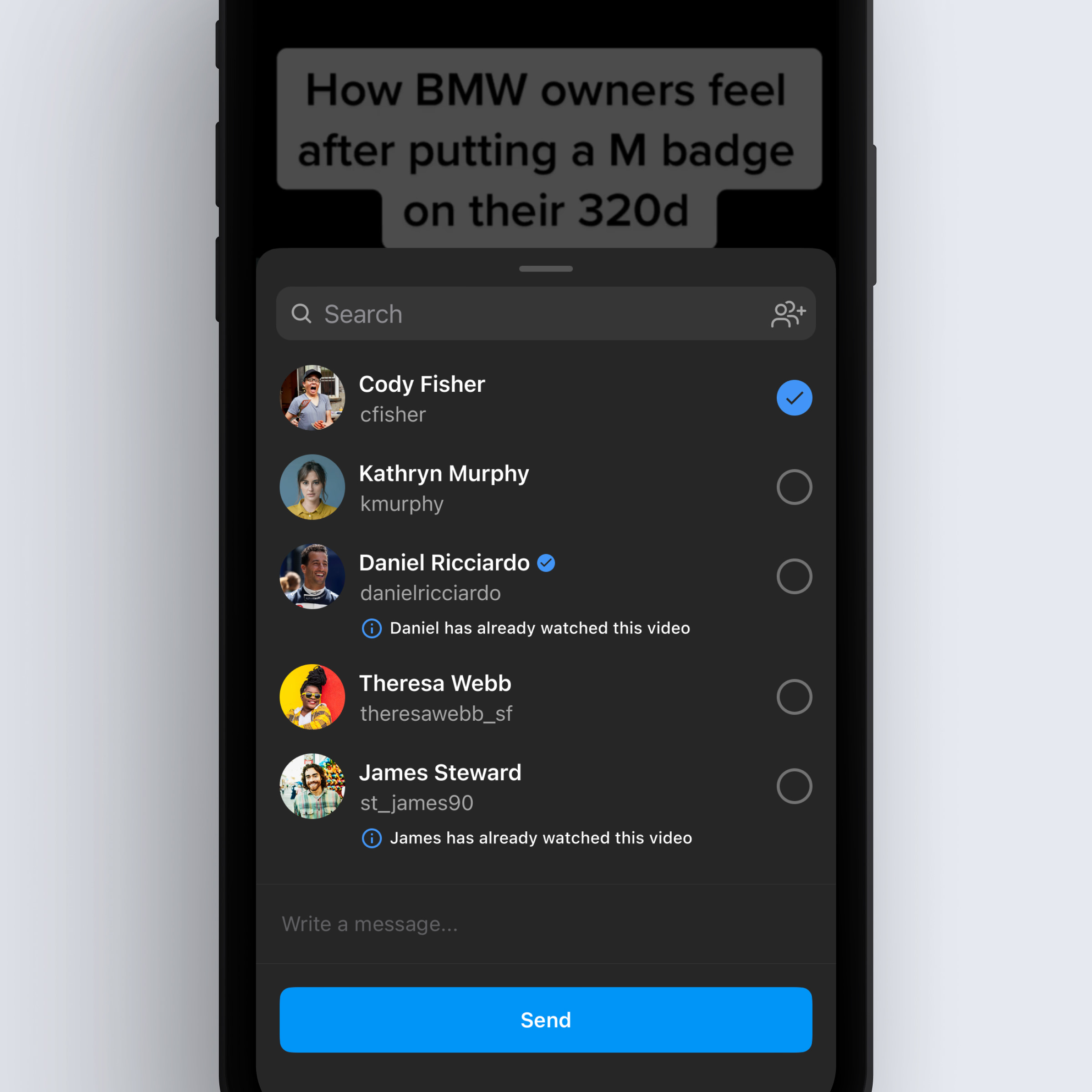 An image of Instagram video sharing window with content viewing status